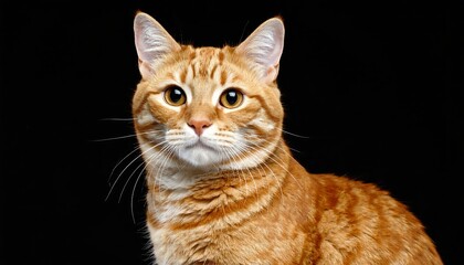 A ginger cat with striking yellow eyes stares intently at the viewer against a pure black background