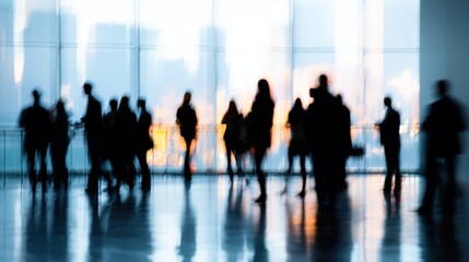 Blurred Silhouettes of People Gathering in a Modern Building Lobby with Reflected Cityscape