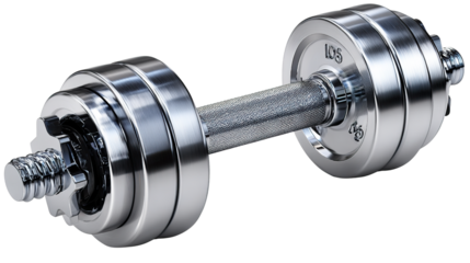 Chrome Dumbbell: A gleaming, chrome-plated dumbbell, meticulously detailed to showcase the robust design and weight plates, symbolizing strength and fitness.