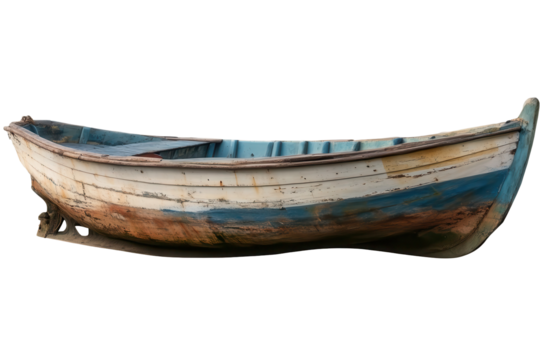 Small wooden boat resting alone against a transparent background, displaying weathered details and a unique form, ideal for creative projects and presentations
