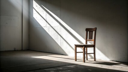 Wooden Chair Bathed in Sunlight in an Empty Room with Concrete Floor and White Walls