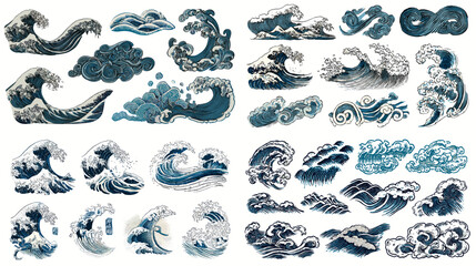 Traditional Japanese wave illustration collection inspired by Hokusai, depicting powerful sea waves in artistic style, perfect for cultural, marine, and decorative design.