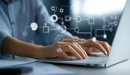 A person using their laptop to create an online flowchart, symbolizing the process of creating digital marketing and advertising template designs for business