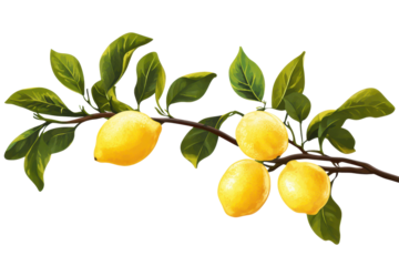 Branch featuring ripe lemons and vibrant green leaves in a detailed botanical illustration inspired by nature's bounty and summer freshness