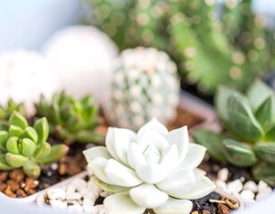 Close-up of various succulents and cacti in small pots