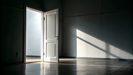 Open Doorway with Sunlight Streaming into a Dark Room with Concrete Floor and Walls