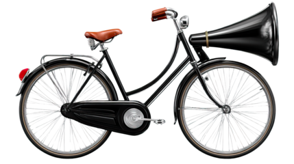 Vintage Bicycle with Megaphone: A uniquely styled vintage bicycle features an integrated megaphone, adding a touch of whimsy to its classic design, suitable for artistic expression