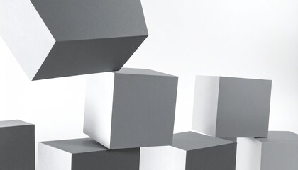 Several gray and white cubes are arranged on a white background, with one large cube tilted downwards.