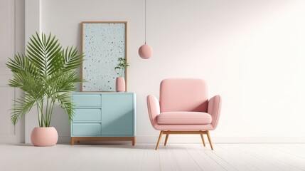 Elegant Living Room Interior Featuring Pastel Pink Armchair, Blue Cabinet, and Green Plant Accents