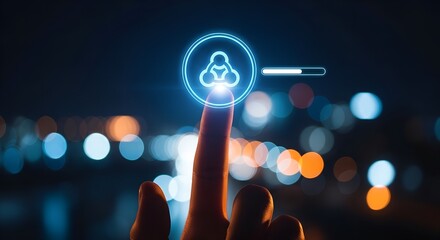 Finger touching a glowing blue digital human silhouette icon with a loading bar in a bokeh city night background