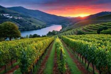 Fototapeta premium Vineyards covering the hills of douro valley, portugal, during a colorful sunset