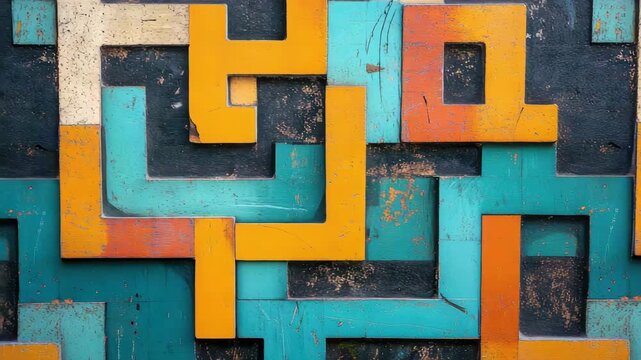 Abstract geometric pattern of interlocking shapes in vibrant colors and textured surfaces