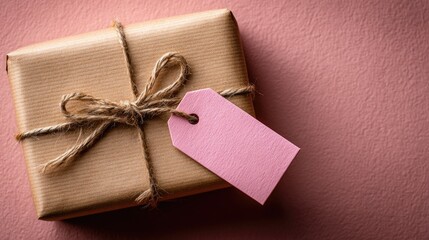 Wrapped gift,  kraft paper, pink tag, twine