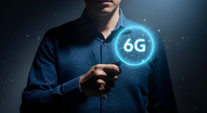 Man holding a glowing blue circle with the number 6g inside representing future technology and connectivity