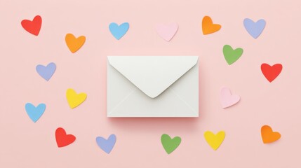 White envelope surrounded by colorful paper hearts on pink background Love