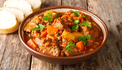 Hearty Beef Stew with Root Vegetables and Fresh Parsley Garnish on Rustic Wood Table
