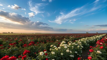 Vast field of roses under a cloudy sky, beautiful landscape with flowers