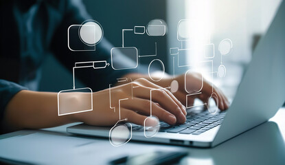 A person using their laptop to create an online flowchart, symbolizing the process of creating digital marketing and advertising template designs for business
