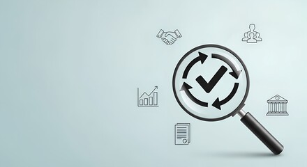 Magnifying glass focused on a circular arrow checkmark symbol representing quality control and process improvement
