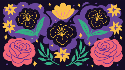 Floral arrangement with roses, blossoms, leaves, and stars on a dark purple background design theme