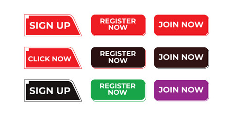 Modern Call-to-Action Buttons Set Sign Up, Register, Join Now, Click Now Colorful Web and App UI Design Elements