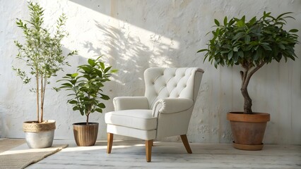 Elegant Armchair Surrounded by Potted Plants in a Bright Room Interior Decor Arrangement