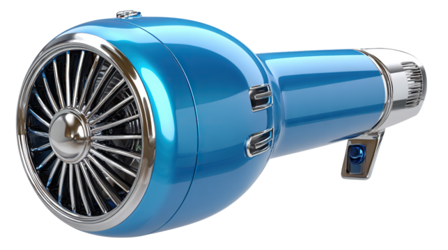 Turbo Blue Hair Dryer: A sleek, azure hair dryer, stylized with a striking turbine design, blending functionality with aesthetics in a vibrant, futuristic appeal. 