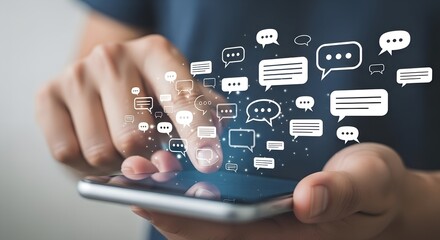 Person using a smartphone with a stream of digital chat bubbles and icons emanating from the screen