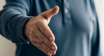 Close up of a person extending their open hand forward offering a handshake in a gesture of greeting or agreement