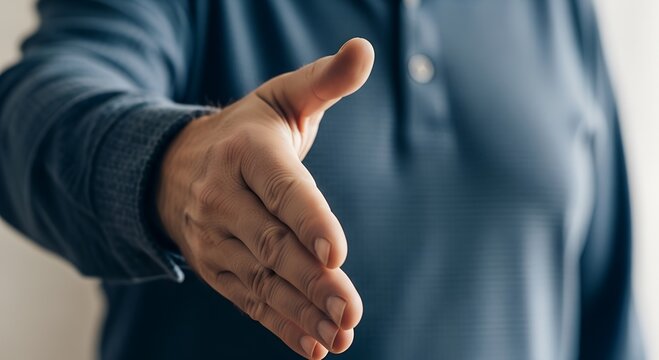 Close up of a person extending their open hand forward offering a handshake in a gesture of greeting or agreement