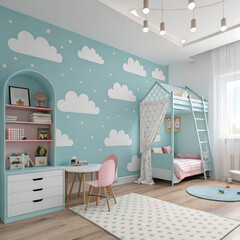childern bedroom with a blue wall and sky on the wall