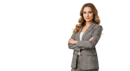 Woman in grey plaid suit isolated on transparent background