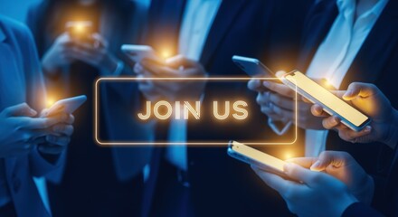 Join Us: Diverse Group Using Smartphones, Social Media Engagement, Digital Connection, Modern Communication
