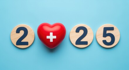 Symbolic Representation of Healthcare Targets: Red Heart with Cross, Number 2 and 5 on Blue Background