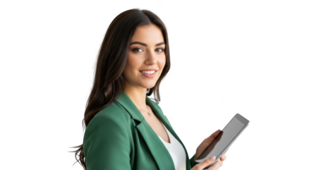 Young businesswoman holding a tablet isolated on transparent background