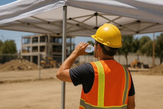 Construction Worker Drinking Water Under Shade &ndash; Safety Break
