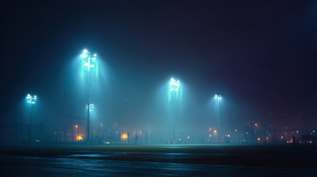 Atmospheric Stadium Lights Illuminate a Foggy Field at Night, Creating an Eerie Urban Scene
