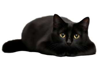 Charming black cat resting peacefully on a transparent background showcasing its elegant posture and striking yellow eyes for all to admire