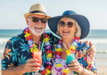 Happy senior couple enjoying tropical drinks on a beach vacation