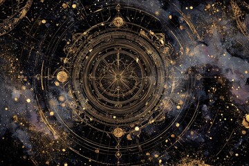 Cosmic abstract background featuring intricate gold designs and swirling colors against a deep celestial backdrop