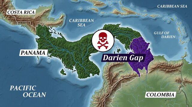 4K Map Animation of Darien Gap Highlighted with Red Location Pin Pulsing | Labeled Panama, Colombia, Costa Rica, Pacific Ocean & Caribbean Sea | 16:9 Landscape Format