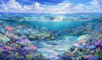 Naklejka premium Vibrant underwater coral reef scene featuring turquoise water and blue sky