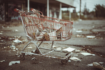 Abandoned Rusty Shopping Cart as Symbol of Economic Decline