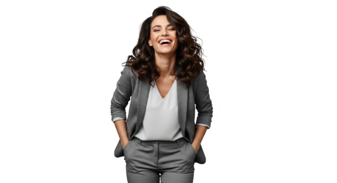 Happy businesswoman in grey suit isolated on transparent background
