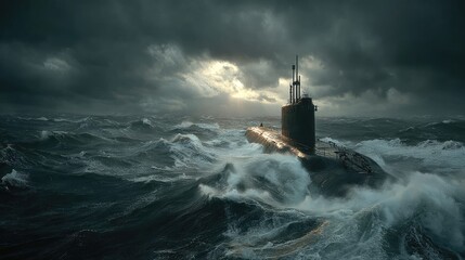 Submarine battling stormy sea