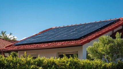 Residential Solar Panels on Red Tile Roof on a Bright Day with Blue Sky