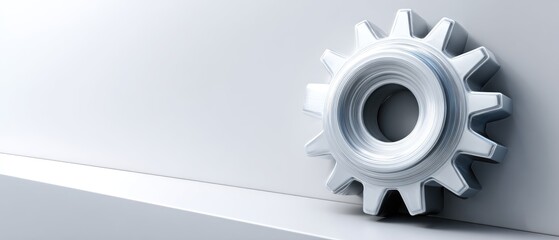 A close-up of a shiny metallic gear against a minimalist background, highlighting its intricate design and industrial aesthetic.