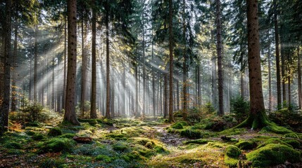 Obraz premium Sunlight streams through misty forest