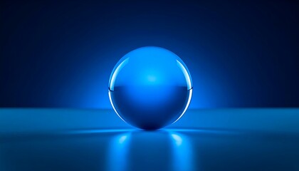 A reflective blue sphere sits on a surface, illuminated from below, casting a glow