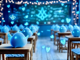 A Classroom of Glowing Blue Creatures with Wings and Heart Accents